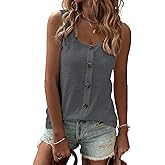 SHEWIN Womens Tank Tops Solid Button Crewneck Sleeveless Summer Tops Loose Fit