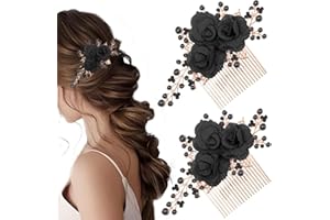 GEOGEODIY 2 PCS Flower Hair Comb Black Bridal Wedding Hair Side Combs Black Rose Floral Rhinestone Pearl Headpiece Vintage Decorative Girl Women Hair Accessories for Wedding Party Prom Valentine's Day Headband