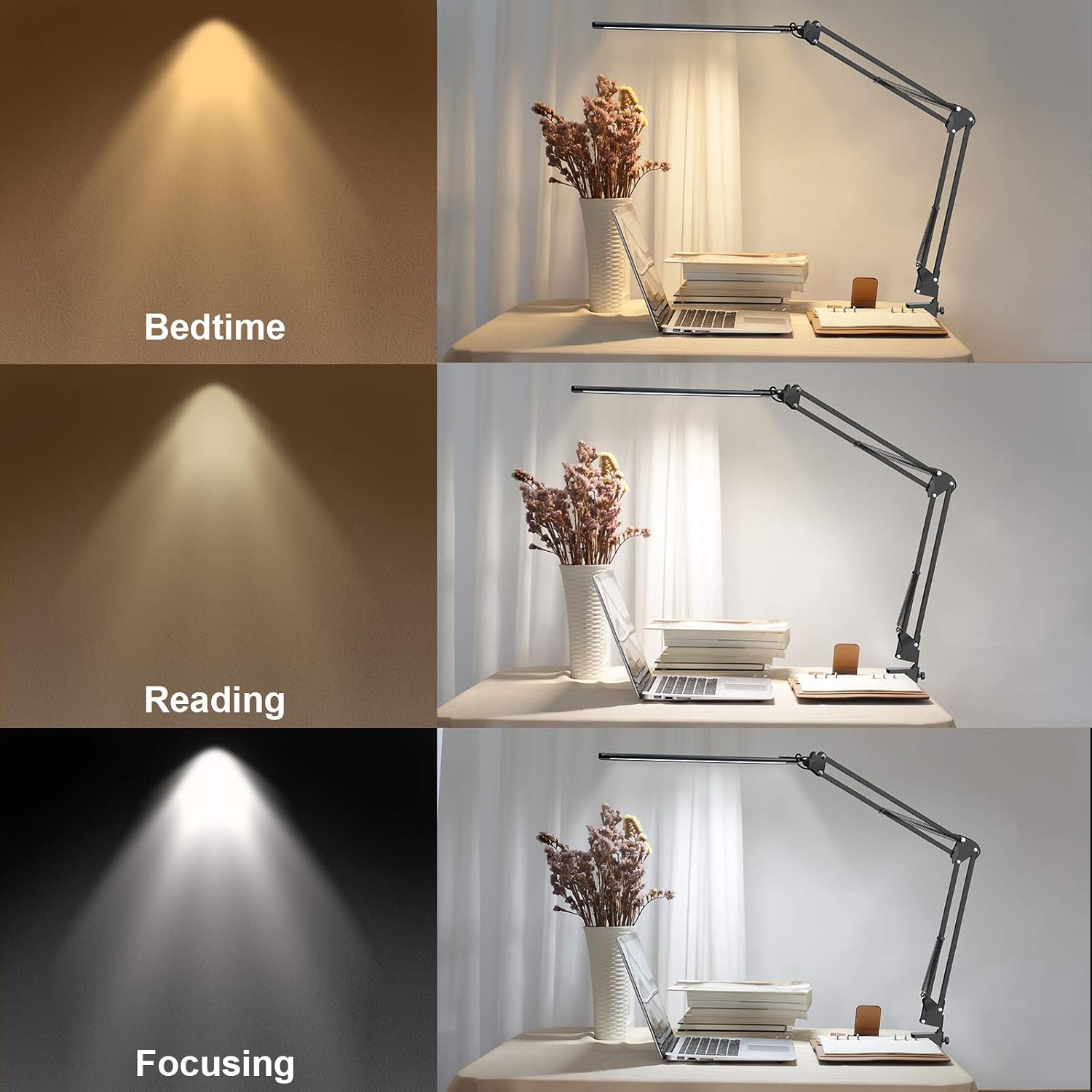 LED Desk Lamp, Adjustable Swing Arm Desk Lamp with Clamp, Dimmable Desk Light Eye-Care Table Light, Memory Function, 3 Color Modes, 10-Level Brightness Table Lamp for Home, Office, Study, Reading - - 