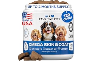 PAWZITIVE PETS Omega 3 Fish Oil for Dogs Chews - Dog Skin & Coat Supplement for Itch Relief, Hot Spot Treatment - USA Product - Salmon Oil for Dogs Itching Skin Relief, Shedding, Hip & Joint Health - 120 Soft Treats