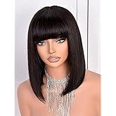MURAME Bob Wig Human Hair 210% Density Bob Wig with Bangs 100% Human Hair Wigs for Black Women Pre-Bleached Glueless Straight Bob Wigs(12Inch,black bob wig)