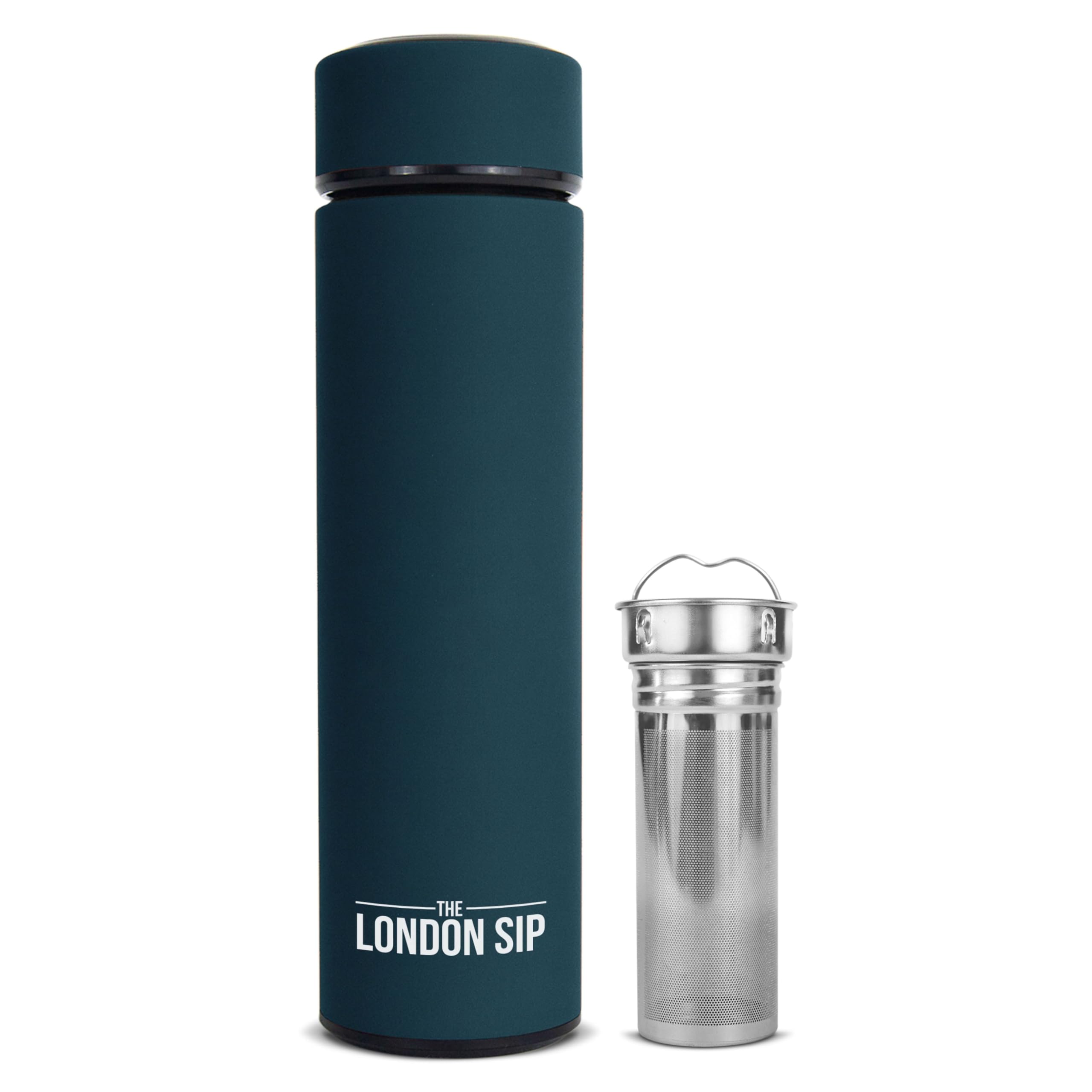 Multi-Purpose Travel Mug and Tumbler | Tea Infuser Water Bottle | Fruit Infused Flask | Hot & Cold Double Wall Stainless Steel Thermos | Extra Long Infuser | by Here & Now Supply Co. (Midnight Teal)