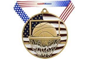 Decade Awards Basketball Patriotic Medal - 2.75 Inch Wide Hoops Medallion with Stars and Stripes American Flag V Neck Ribbon