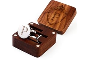 PROPHET CLUE PC Mens Initial Silver Cufflinks A-Z Alphabet Letter Steel Cuff Links with Engraved Walnut Wood Box Groom Groomsman Wedding Set…