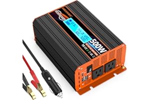 JARXIOKE 500 Watt Pure Sine Wave Power Inverter 12V DC to 110V 120V Converter for Home, RV and Off-Grid Solar Systems with Type-C Port, 2 AC Outlets, 2 USB Ports, LCD Display