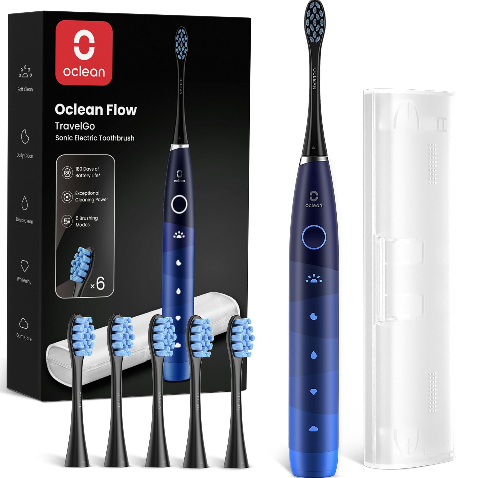 Oclean Elektrische Zahnbürste TravelGo Flow Gift Set, 180 Tage Akkulaufzeit Schallzahnbürste mit Reiseetui, 5 Modi Electric Toothbrush mit 6 Bürstenköpfen für Zahnreinigung, Zahnbürste mit USB, Blau