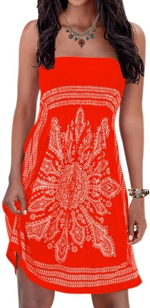 Initial Women's Strapleess Floral Print Bohemian Beach Dress Cover-up Dress