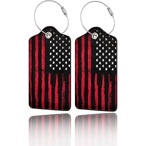 2 Pack PU Leather Luggage Tags for Suitcases - Black Red American Flag | Privacy Protection Suitcase Bag Tag with Stainless S