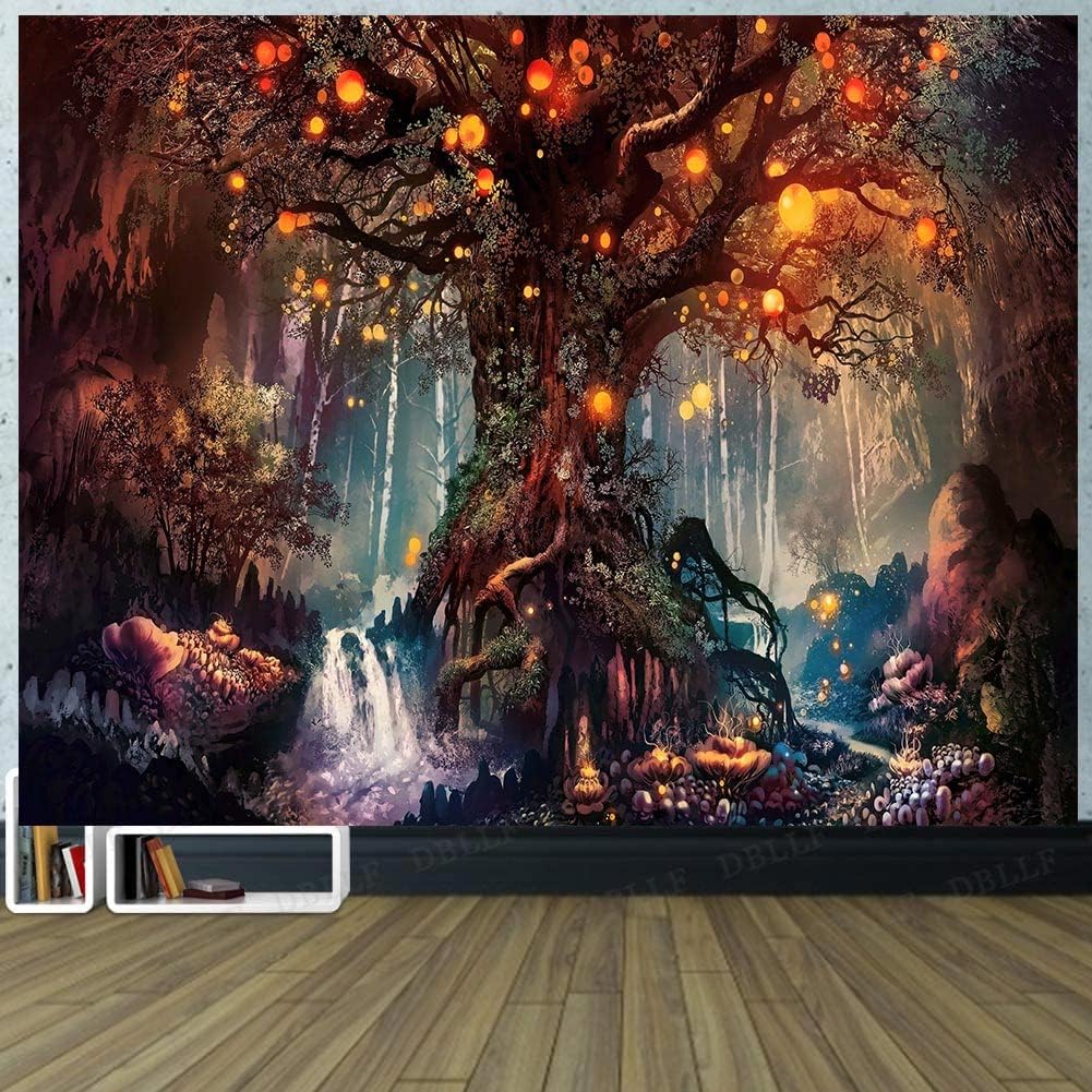 Tapestries - DBLLF Fantasy Forest Tapestry Tree of Life Tapestry Pagan Tapestry Landscape Tapestries Nature Plant Trippy Tapestry Fairy Tale World Aesthetic Tapestry Large 80