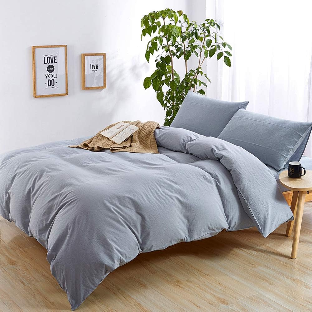 mixinni Modern Solid Color 3 Pieces Duvet Cover Set King Blue 100% Natural Washed Cotton 1 Duvet Cover 2 Pillowcases Hotel Quality Soft Breathable with Zipper Ties-King Size