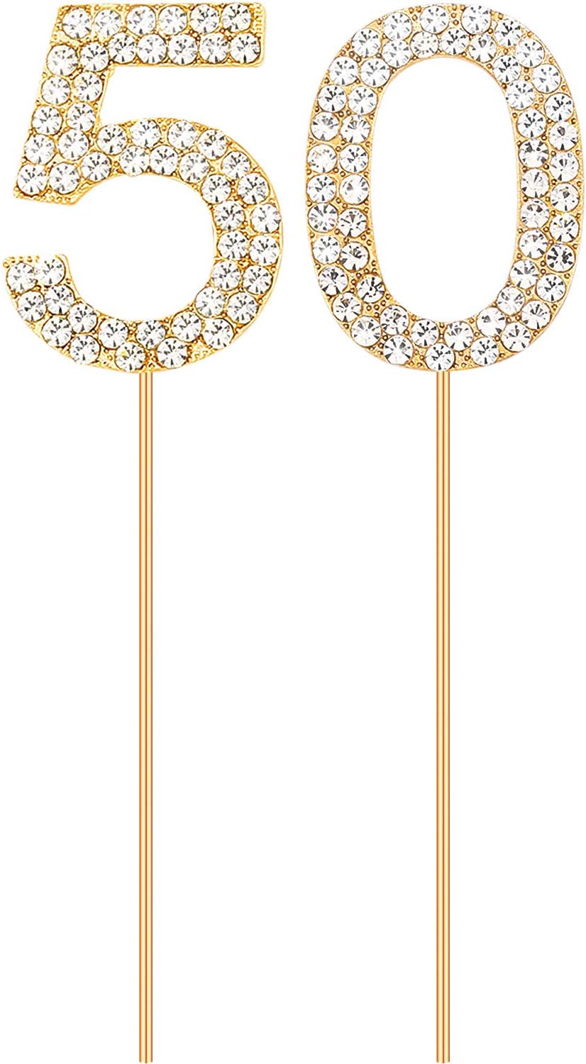 50 Cake Topper Crystal Rhinestones Decorative Cake Topper for 50th Birthday Party or Anniversary Party Supplies (Gold)