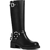 AMINUGAL Knee High Boots Women Square Toe Pull On Wide Calf Riding Fashion Buckles Chunky Metallic Casual Vintage Buckle Rivet