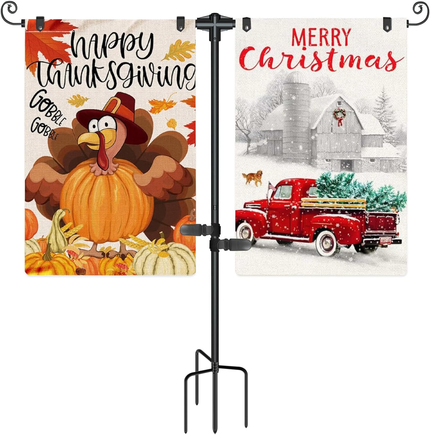 Flagpole Hardware - FFILY Garden Flag Stand Holder with 4 Prong Base for Double Flags - 3/4 Inch Extra Thick Heavy Duty Yard Flag Holder for Outside 12x18 Home Patio Decor