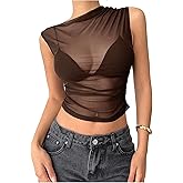 Milumia Women's Sheer Mesh Top Ruched See Through Tank Crop Top Rave Outfits