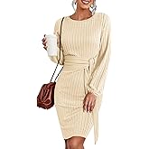 HOTOUCH Fall Long Sleeve Dress Rib Knit Dress Tie Waist Dress Womens Knee Length Dress for Women Brown Ribbed Bodycon Dresses Beige Large
