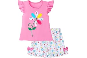 Girls 2-Piece Summer Outfit Set,Cotton Flutter Sleeve Flower T-Shirt and Floral Shorts with Bows, Size 2-7 Years