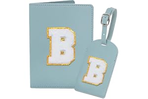 Ulico Initial Passport Cover and Luggage Tag Set,PU Leather Letter Passport Case Holder Travel Suitcase Tag, Personalized Travel Luggage Accessories Gifts for Women Kids Teenage Blue B