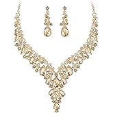 BriLove Women's Wedding Bridal Austrian Crystal Teardrop Flower Cluster Statement Necklace Dangle Earrings Jewelry Set for Party Prom