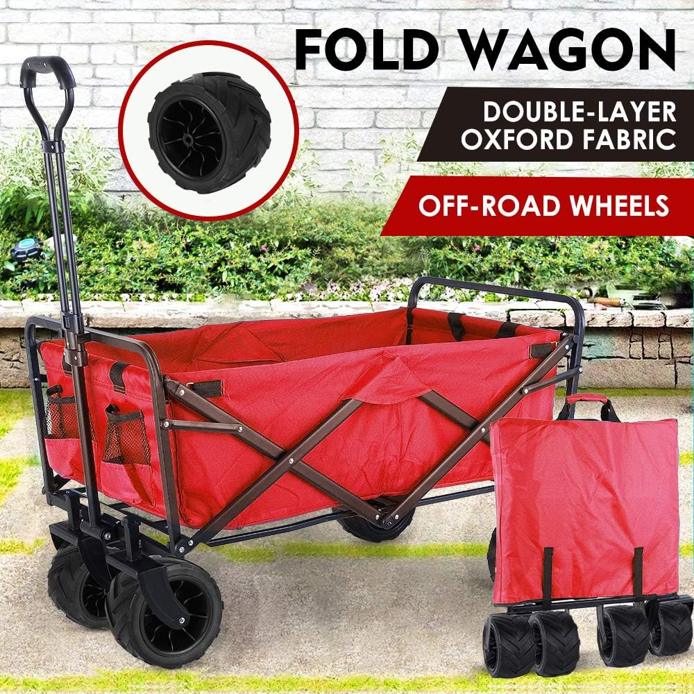 Collapsible Outdoor Utility Wagon, Heavy Duty Folding Garden Portable Hand Cart, with 8“ All-Terrain Wheels and Drink Holder, Adjustable Handles and Double Fabric, for Beach, Garden, Sports (Red)