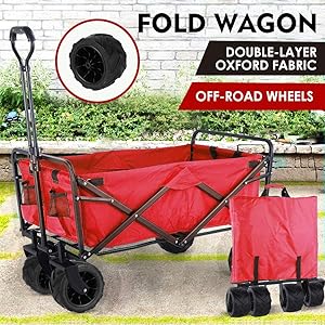 Collapsible Outdoor Utility Wagon, Heavy Duty Folding Garden Portable Hand Cart, with 8“ All-Terrain Wheels and Drink Holder, Adjustable Handles and Double Fabric, for Beach, Garden, Sports (Red)