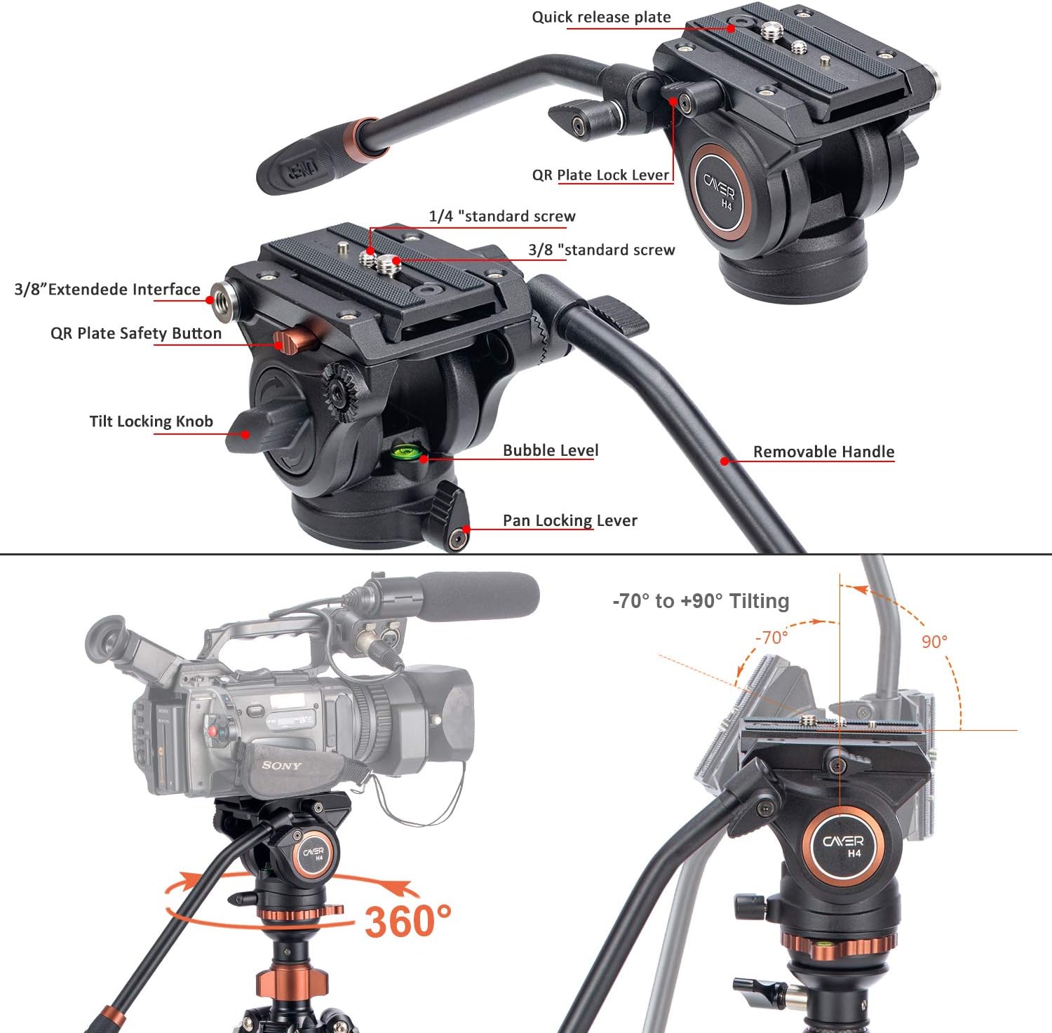 Cayer CF2451 Video Tripod 67 inches Carbon Fiber Tripod Leg with Fluid Drag Head, 4-Section Compact DSLR Tripod Convertible to Monopod for DSLR Camera, Video Camcorder : Camera & Photo