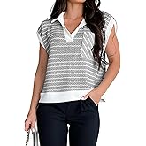 Evzeiem Women's Dressy Casual Tops Business Work Blouses White Striped Lapel Collar Shirts Cap Sleeve V Neck Tshirt