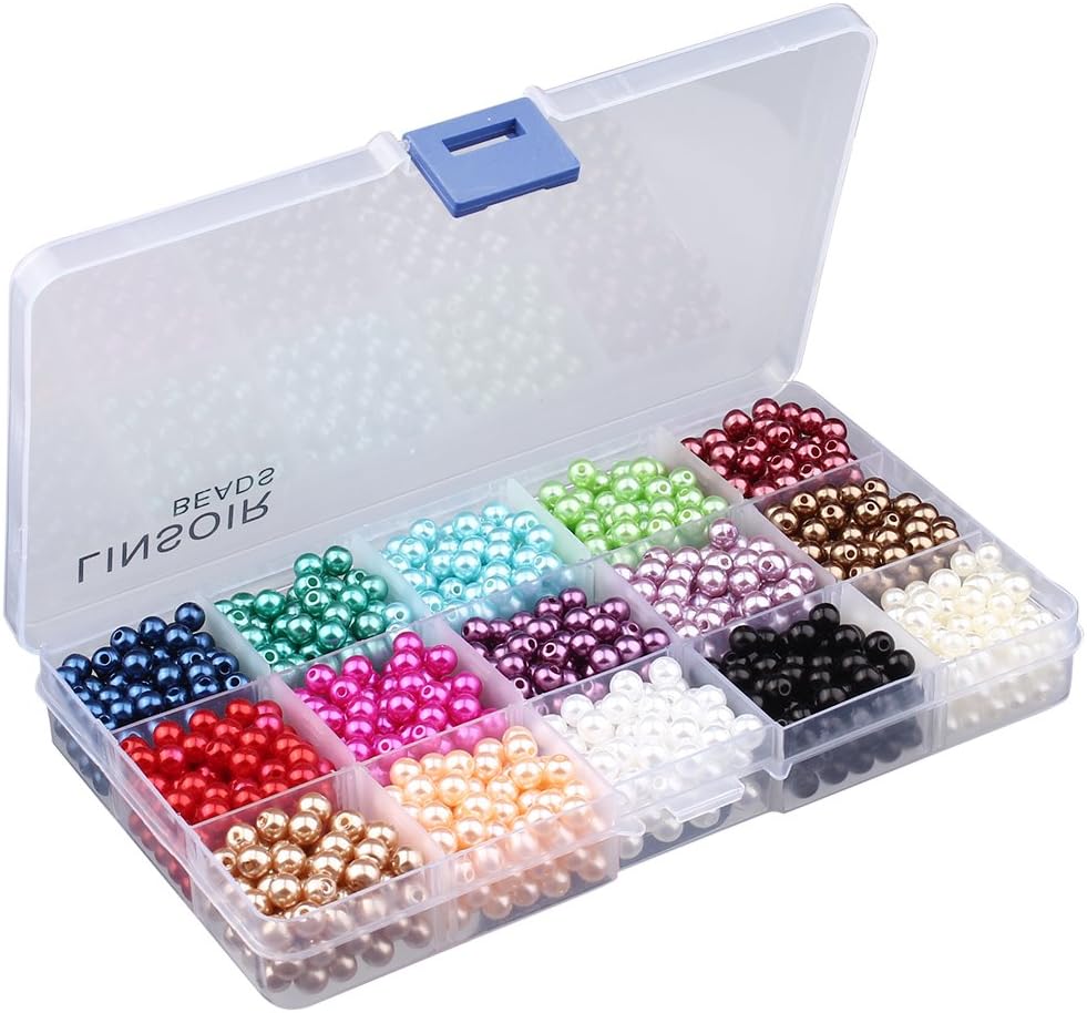 Sauvoo 1500pcs Beads 15 Style/Boxed Tiny Satin Luster Faux Pearl Beads 6mm/8mm/10mm Round Pearls for Jewelry Making Decoration Necklace Earrings with Box