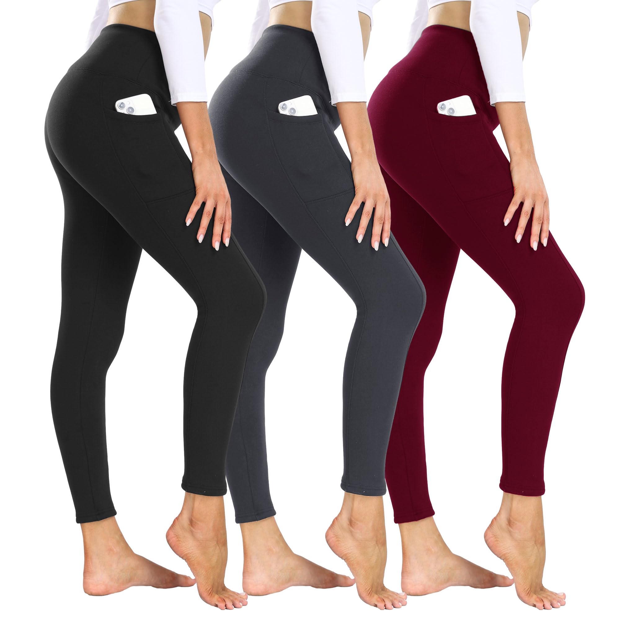 Photo 1 of Showitty 3 Pack Fleece Lined Leggings Women with Pockets - High Waisted Plus Size Winter Thermal Yoga Pants (5XL