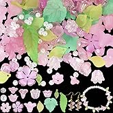 PONABEADIY 1 Box About 767Pcs Pink Lily Flower Beads Acrylic Green Maple Leaves Tulip Floral Caps Blossom Plastic Pearl Leaf Flowers Plant Spacer Bead for Jewelry Making Earring DIY Craft Supplies