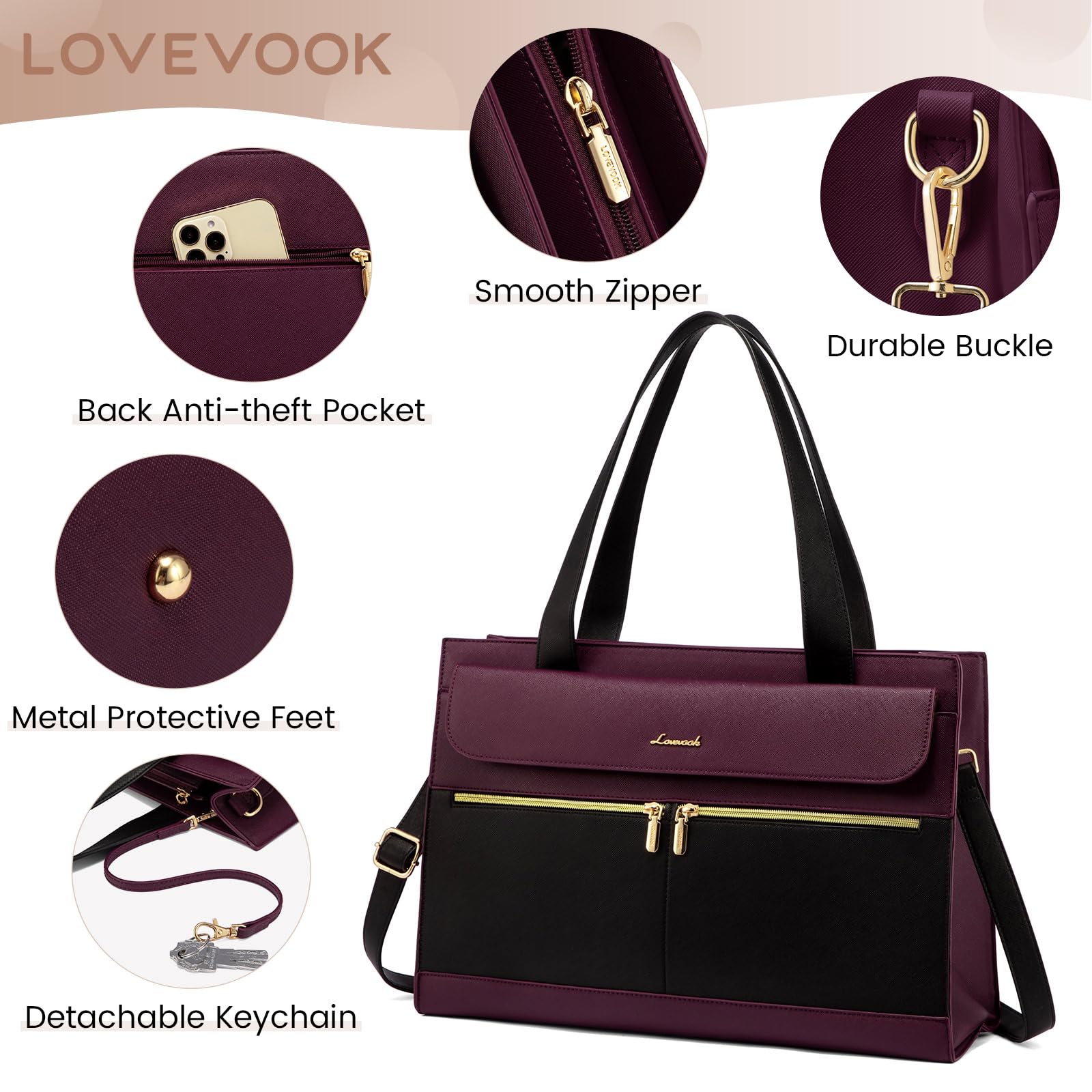 LOVEVOOK LOVEVOOK Laptop Bag for Women 15.6 Inch Tote Work Professional Leather Computer Briefcase Waterproof Handbag Shoulder Large Capacity Business Teacher Office Crossbody Purse