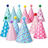 Beurio Pastel Party Hats for Kids Ages 3+, 12 Pack Birthday Caps, 8.4 Inch | Paper cone, Pom poms, Elastic straps, Flat-pack DIY, Birthday decor, Baby shower