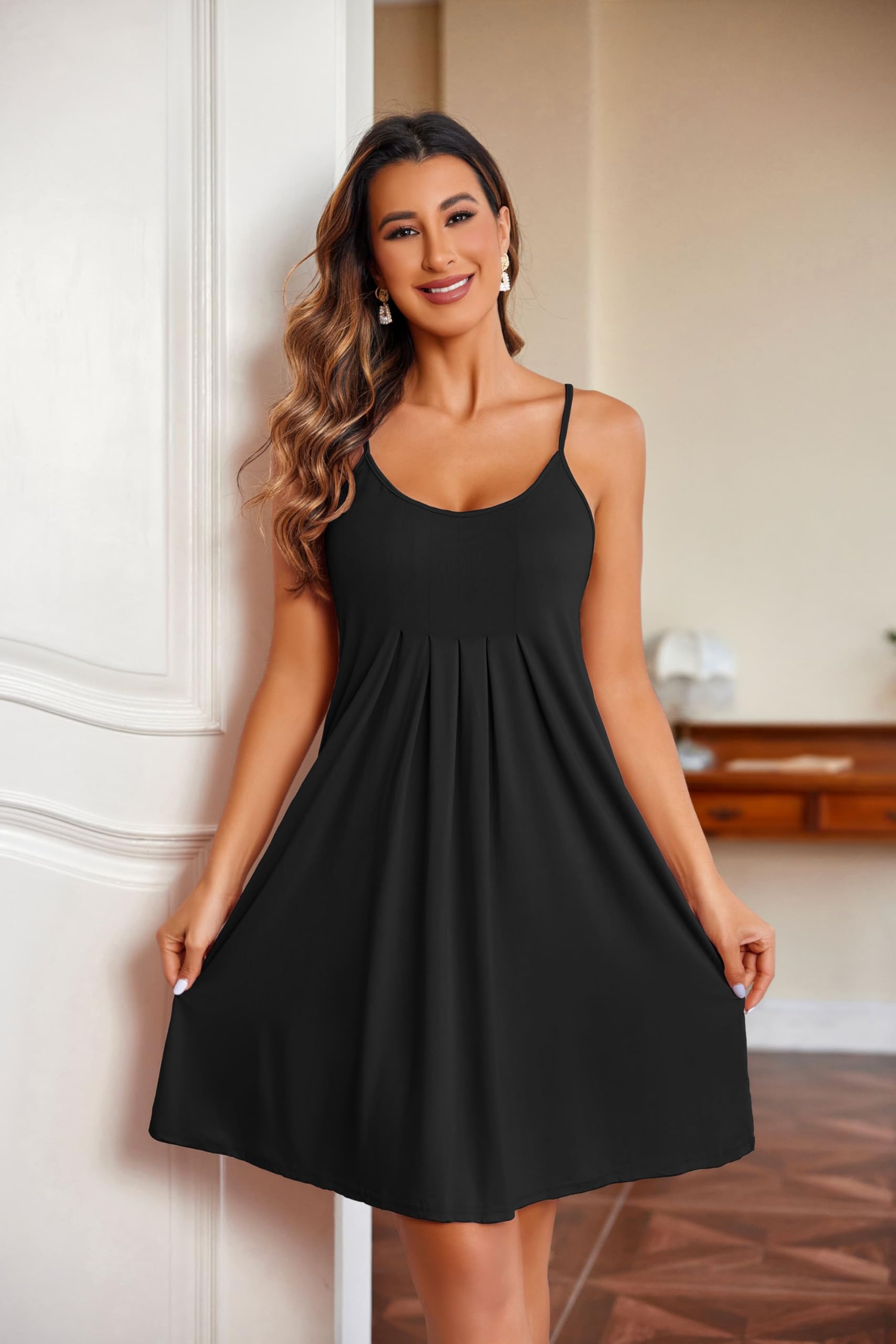 Ekouaer 2 Pack Nightgowns for Women Sleeveless Sleepwear Racerback Tank Sleepshirt Pleated Chemise Nighty Black S