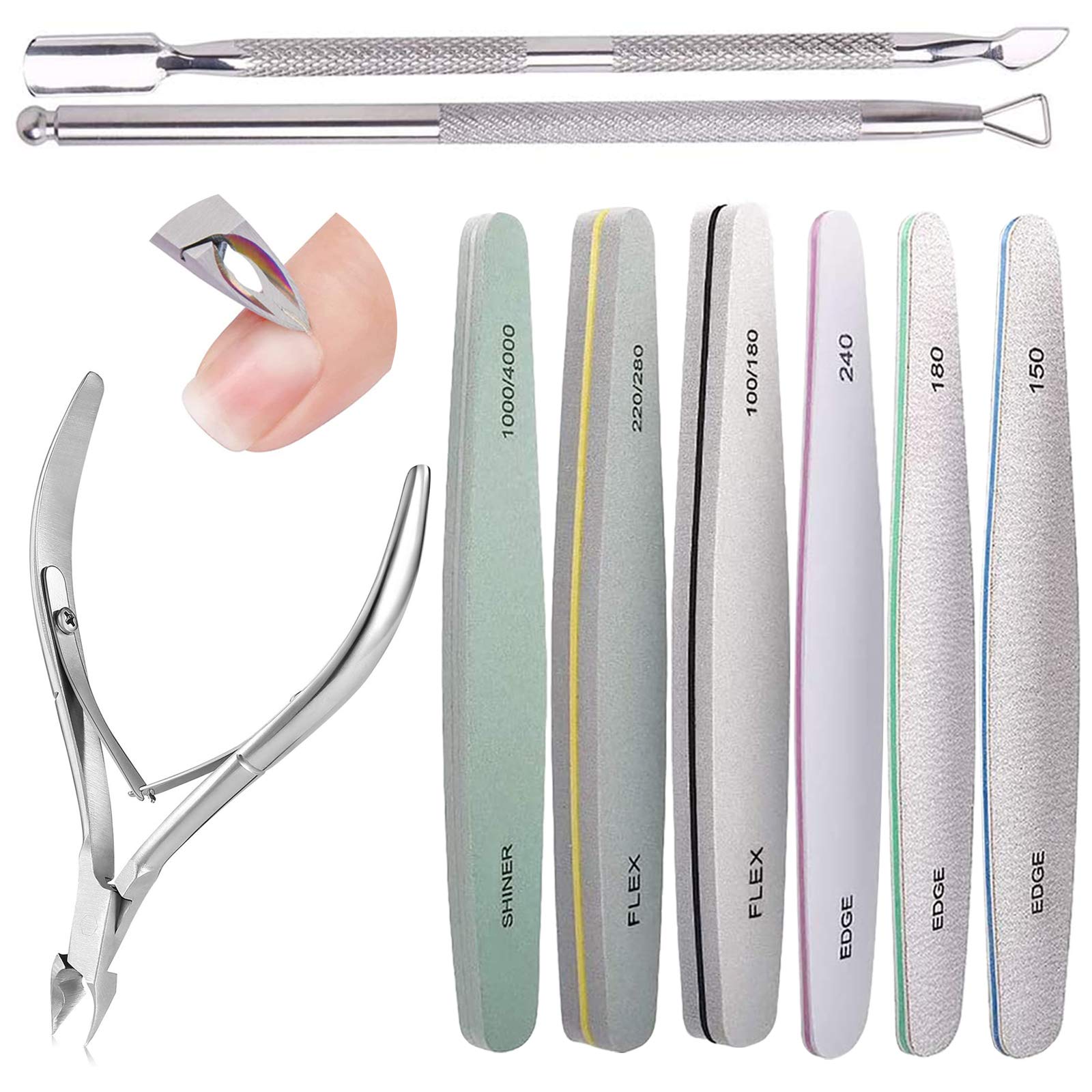 Nail Files, 6 Pcs Professional Nail File and Buffer Double Sided Emery Boards, Cuticle Nippers and Cuticle Pusher Manicure Tools Set for Gel Nail Art Fingernails Toenails (8")