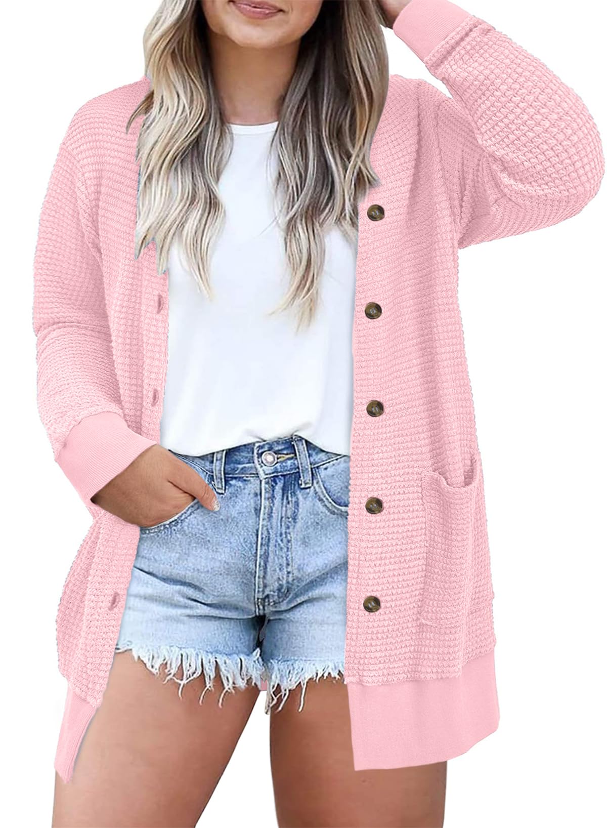 Photo 1 of Eytino Womens Plus Size Cardigan Casual Open Front Long Sleeve Fall Tops with Front Buttons,2X Light Pink