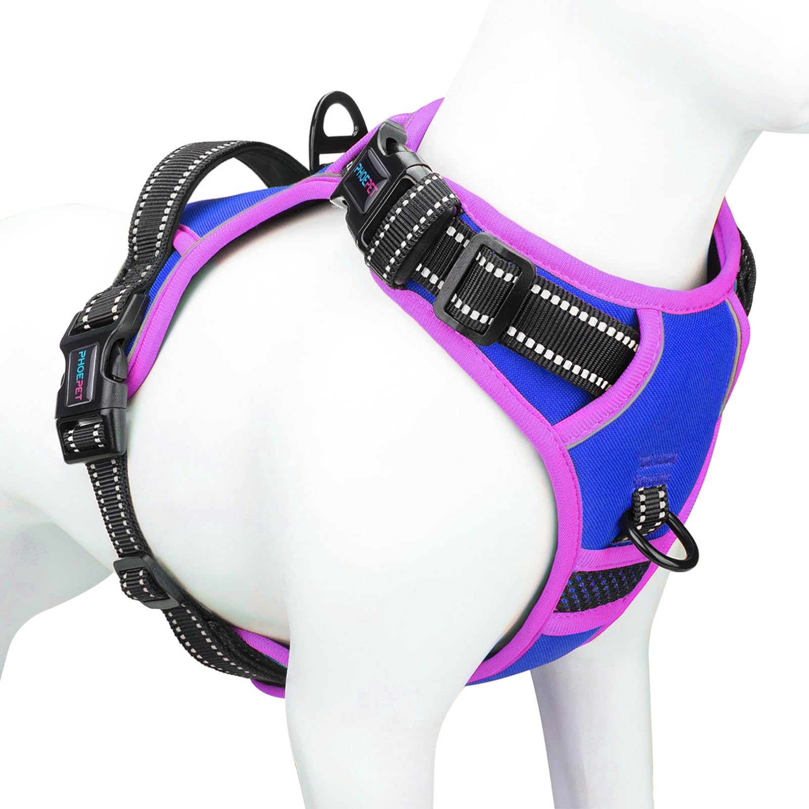 PHOEPET Upgraded No Pull Dog Harness, Reflective Adjustable Vest, with a Training Handle + 2 Metal Leash Hooks+ 3 Snap Buckles +4 Slide Buckles(L, Royal Blue)