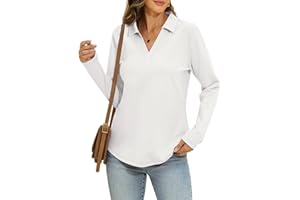 EasyGala Womens Cotton Long Sleeve Polo Shirts Business Casual V Neck Collared Tops Loose Fit Work Blouses Fall Outfits 2025