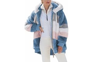 Micoson Women Fashion Color Block Faux Shearling Coat Warm Hooded Zip Up Fuzzy Winter Jacket with Pockets