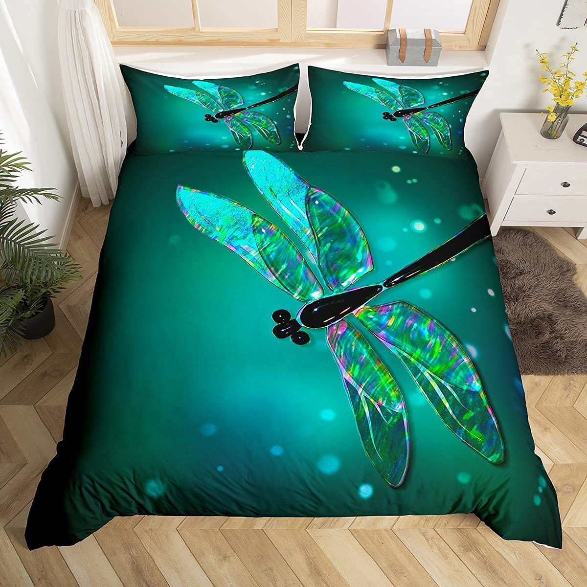 Loussiesd Dragonfly Duvet Cover Set Ultra Soft Dragonfly Comforter Set for Kids Women Adults Teal Dragonfly Bedding Set Nature Home Quilted Set Turquoise Double Size