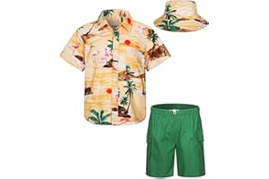 MOHEZ Boys Hawaiian Shirt and Short Set Summer Outfit Kids 2 Piece Clothes Set With Bucket Hat