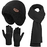 Mens Hat and Gloves Set, Warm Beanie Knit Long Scarf Fleece Lined Winter Hats Touchscreen Gloves for Men