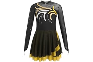 Oyolan Kids Girls Figure Ice Skating Dress Mesh Splice Long Sleeve Rhinestone Ballet Dance Skating Competition Costume