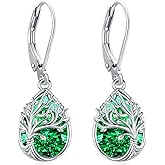 LOOVE Tree of Life Dangle Drop Earrings 925 Sterling Silver Teardrop Gemstone Birthstone Earring Tree of Life Jewelry Birthday Gifts for Women/Mother/Mom