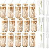 UCEHIPAW 15 Pack Gift for Women Cute Glass Cup with Bamboo Lid and Straw 16 oz Flower Iced Coffee Mugs Boho Floral Tumbler for Mothers Day Gift Birthday Baby Shower