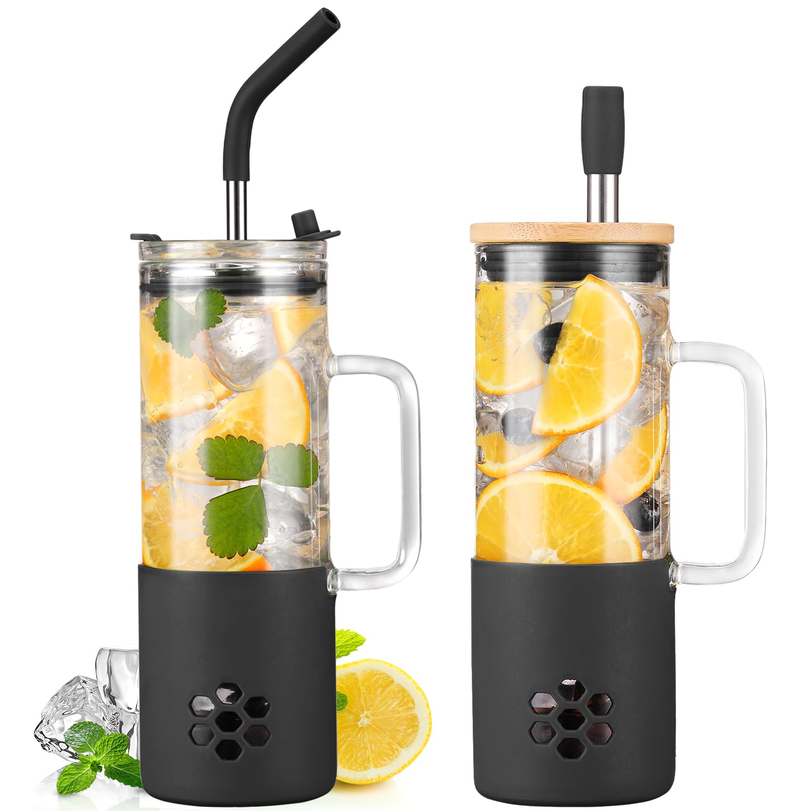 BLUEGO 600ml Glass Cup with 2 Lids and Handle, Cute Glass Tumbler with Straws and Silicone Sleeve, Iced Coffee Cup, 0.6L Smoothie Tumbler, Reusable Bubble Tea Cup, Travel Mug, Black