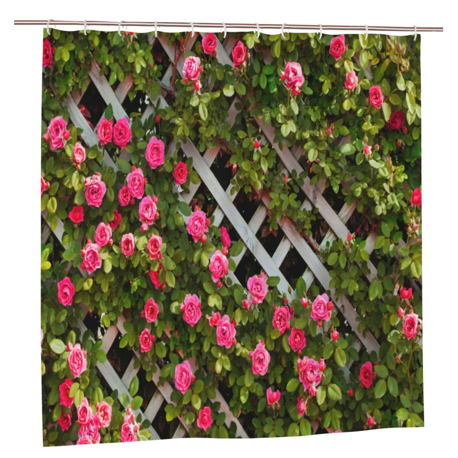 Newhomestyle Summer Roses Outdoor Garden Shower Curtain, Spring Waterproof Bath Curtain, Rustic Decor Pink Flower on Fence, Farmhouse Bathroom Decor Set with 12 Hooks, 180X180cm/ 71X71 inch