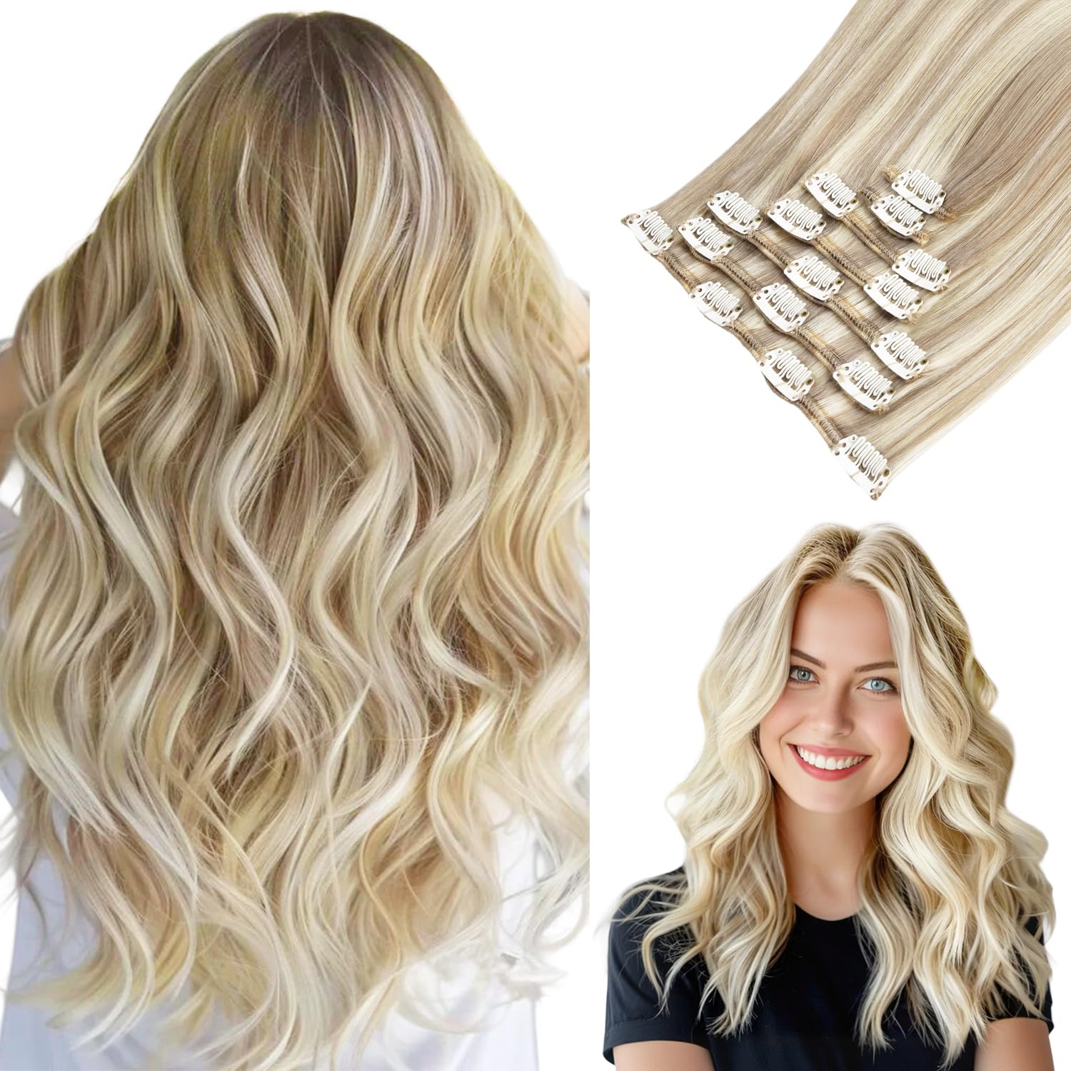 Clip in Hair Extensions, hotbanana Ash Blonde to Golden Blonde and Platinum Blonde Clip in Hair Extensions Real Human Hair Straight Remy Hair Clip in Hair Extension 20 inch 120g 7pcs