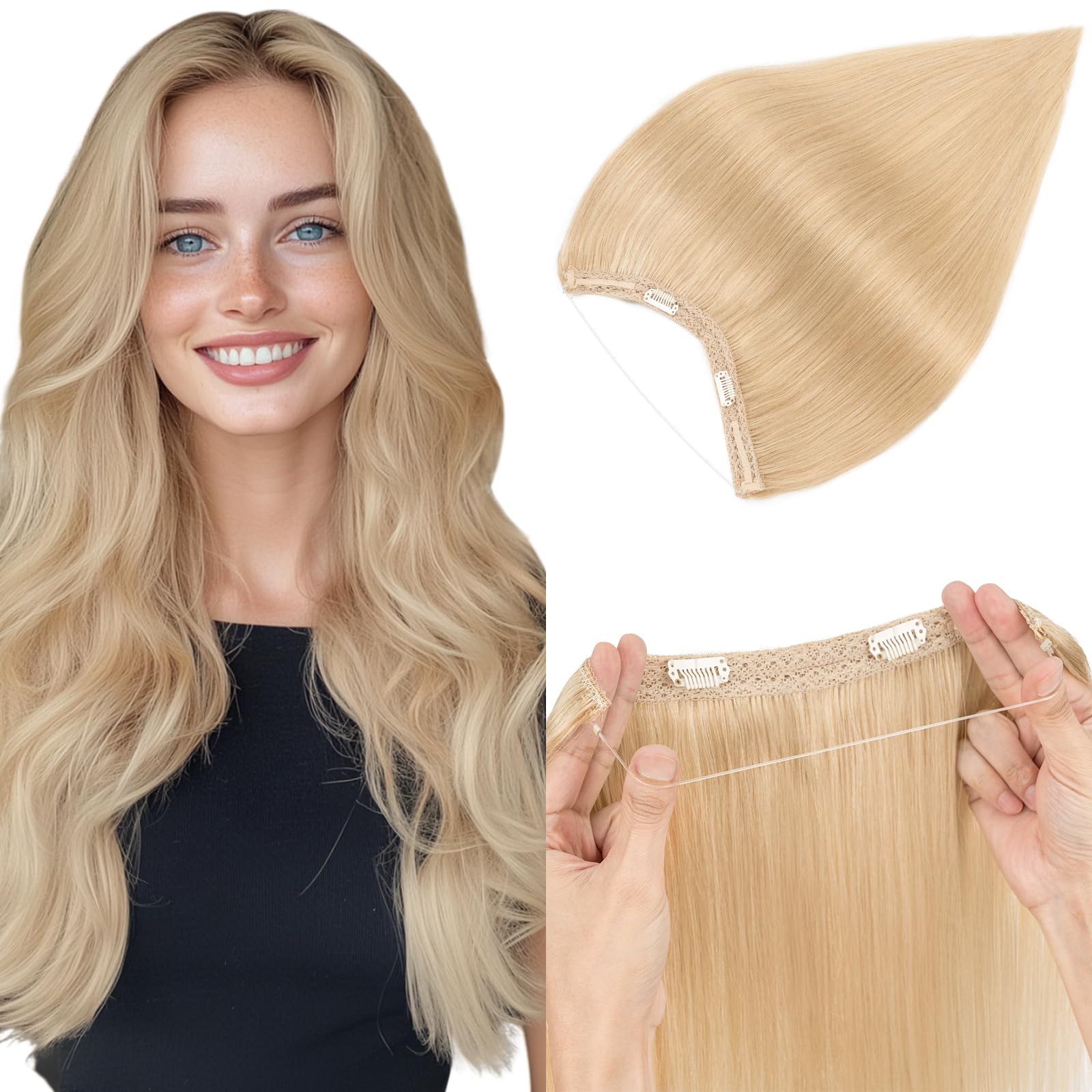 Elailite Hair Extension Real Human Hair One Piece Invisible Secret Wire Clip Headband Extension Straight - #24 Natural Blonde - 14 Inch (60 g)