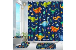 Poedist 4 Pcs Bathroom Shower Curtain Set,Kid's Bathroom Curtain Sets with Rugs(Bath Mat,U Shape and Toilet Lid Cover Mat) and 12 Hooks,Dark Blue Cartoon Dinosaur