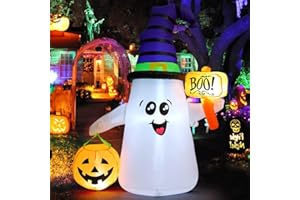 GOOSH 5 FT Halloween Inflatables Ghost Outdoor Decorations Blow Up Yard Cute Wizard Ghost with Pumpkin with Built-in LEDs for Garden Lawn Indoor Party Holiday Decor