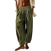 SCUSTY Womens Baggy Wide Leg Pants Cotton Linen Casual Elastic Waisted Palazzo Harem Beach Trousers with Pockets